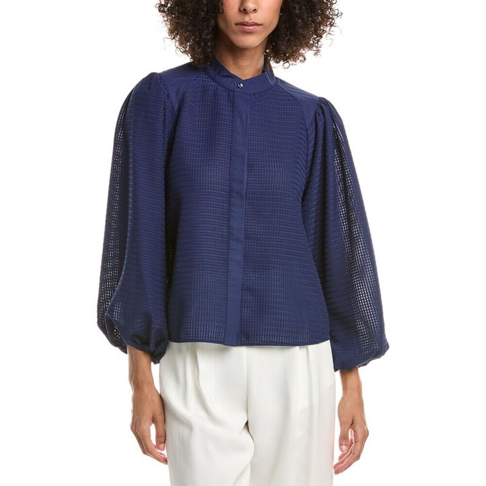 Derek Lam 10 Crosby Womens Dianne Mini Grid Georgette Blouse, Navy - Picture 1 of 3